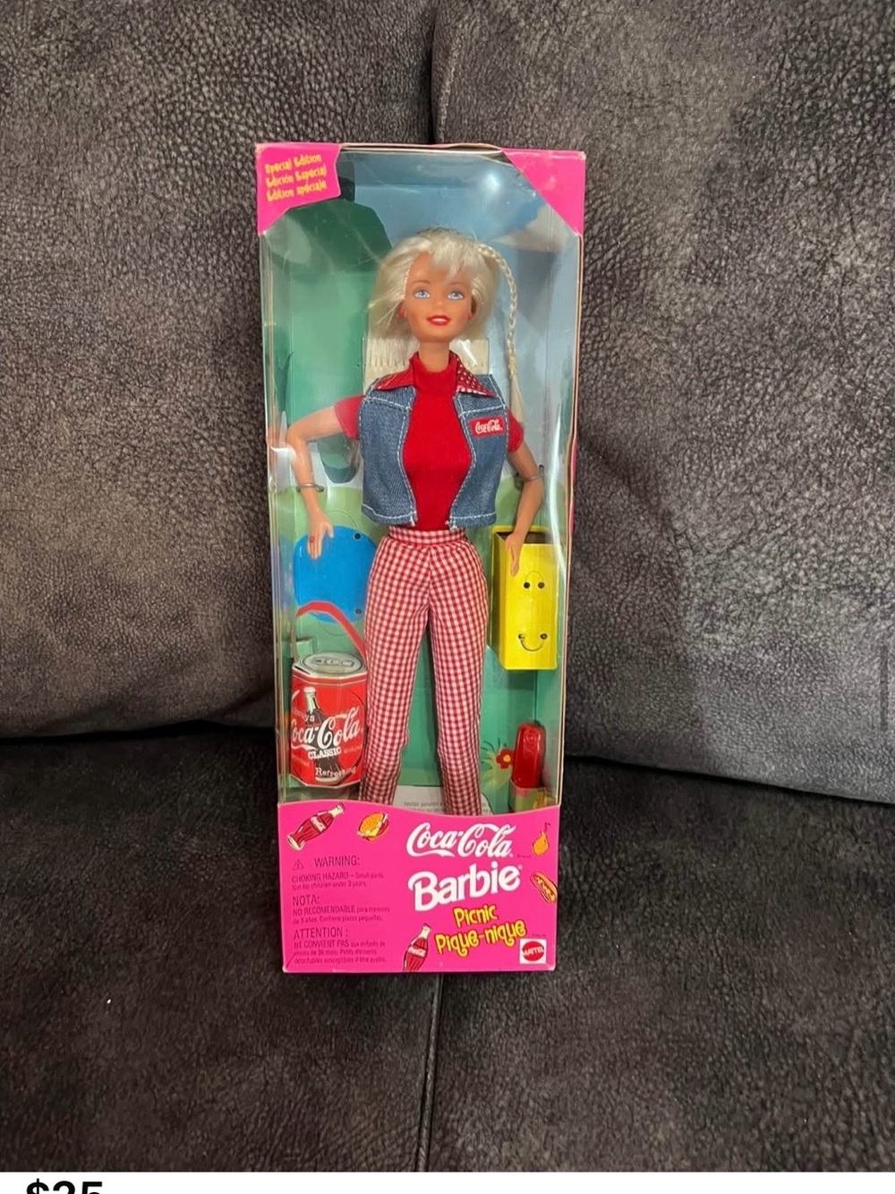 Coca Cola Barbie Doll in Red Gingham Outfit with Denim Vest